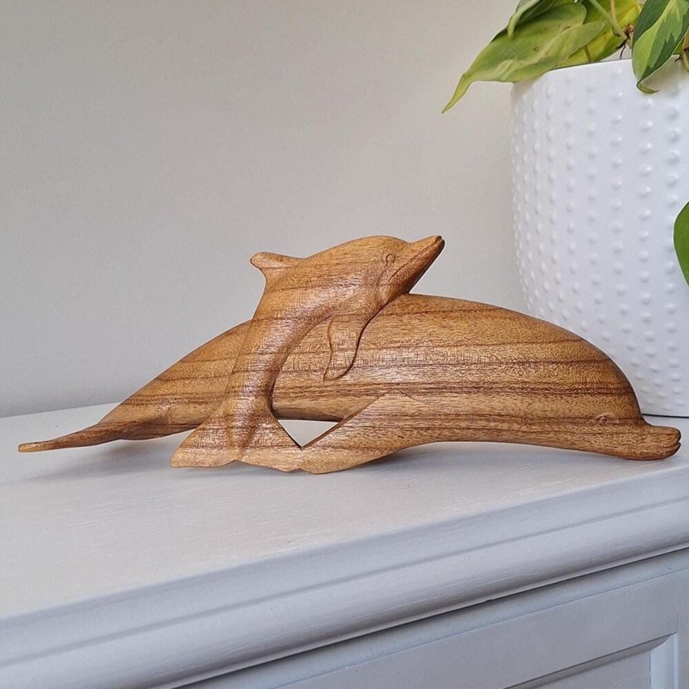 Hand Carved Wood Dolphin & Calf Sculpture Nautical Decor vintage wooden carving